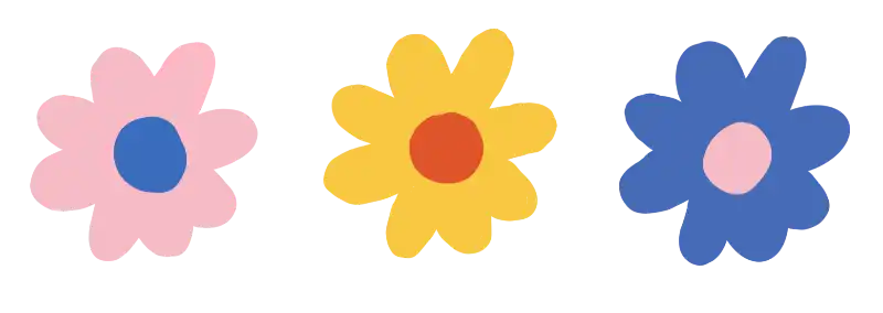 Three simple flower shapes in pink, yellow, and blue with contrasting centers.